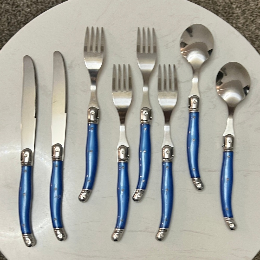 Laguiole‎ Jean Dubost French Home 8pc Flatware Set Blue Stainless - Picture 8 of 13
